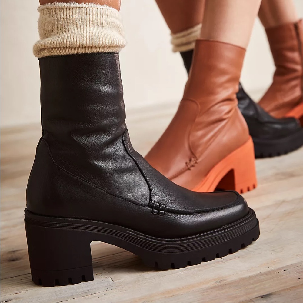 ISO FREE PEOPLE PENNY LOAFER BOOTS LEATHER BLACK CHUNKY PLATFORM SECOND SKIN